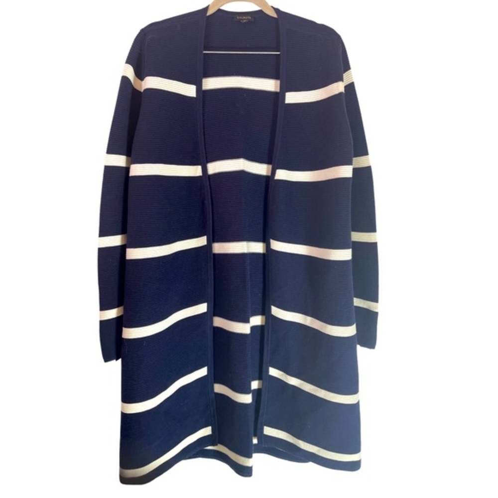 Talbots long open cardigan in navy blue with white stripes. Size M